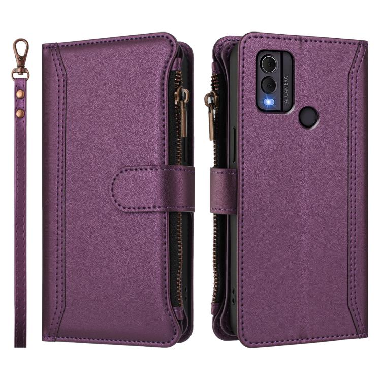 For Nokia C22 Magnetic Closure 9 Card Slots Zipper Leather Case with Hand Strap