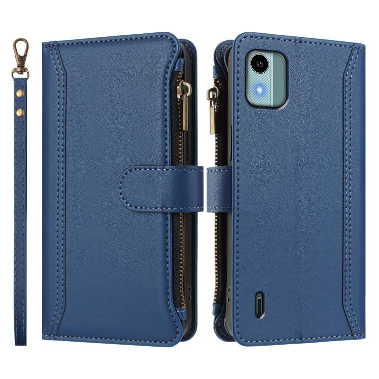 For Nokia C12 Magnetic Closure 9 Card Slots Zipper Leather Case with Hand Strap