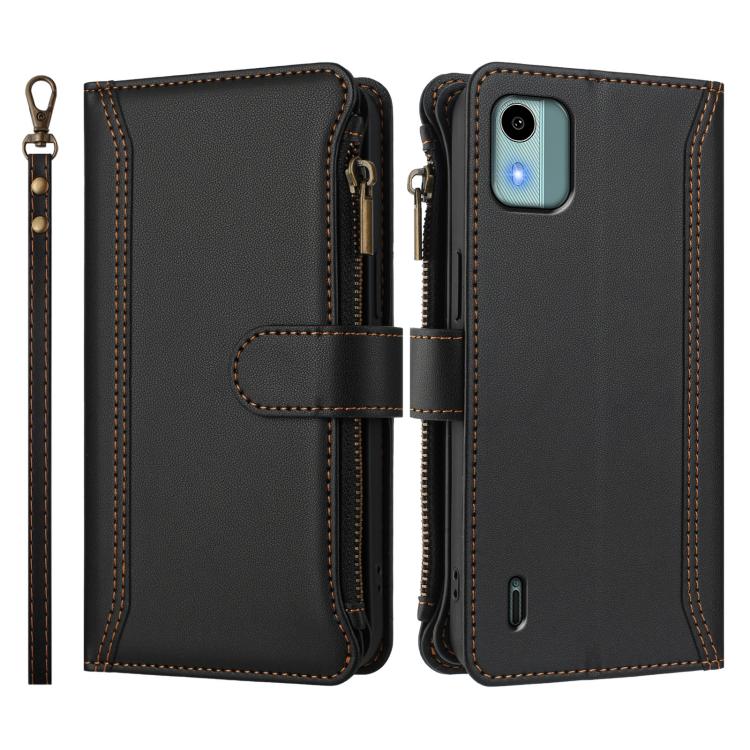 For Nokia C12 Magnetic Closure 9 Card Slots Zipper Leather Case with Hand Strap