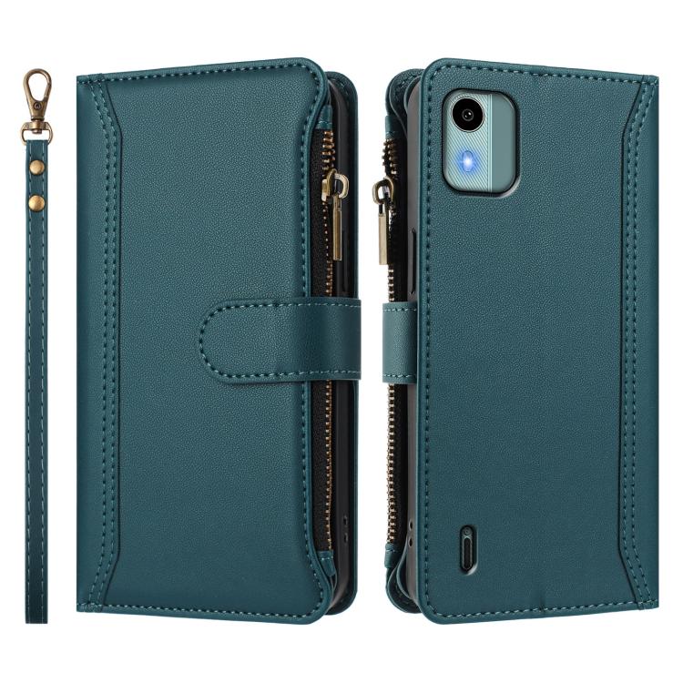 For Nokia C12 Magnetic Closure 9 Card Slots Zipper Leather Case with Hand Strap