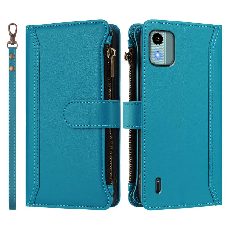 For Nokia C12 Magnetic Closure 9 Card Slots Zipper Leather Case with Hand Strap