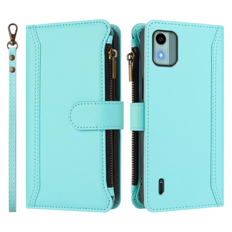 For Nokia C12 Magnetic Closure 9 Card Slots Zipper Leather Case with Hand Strap