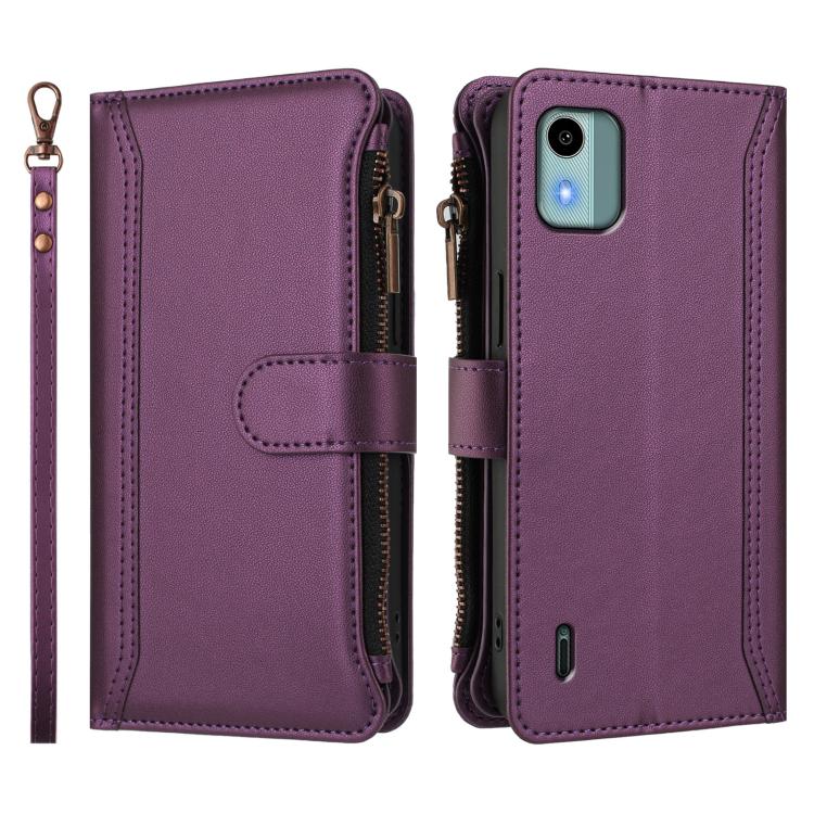 For Nokia C12 Magnetic Closure 9 Card Slots Zipper Leather Case with Hand Strap