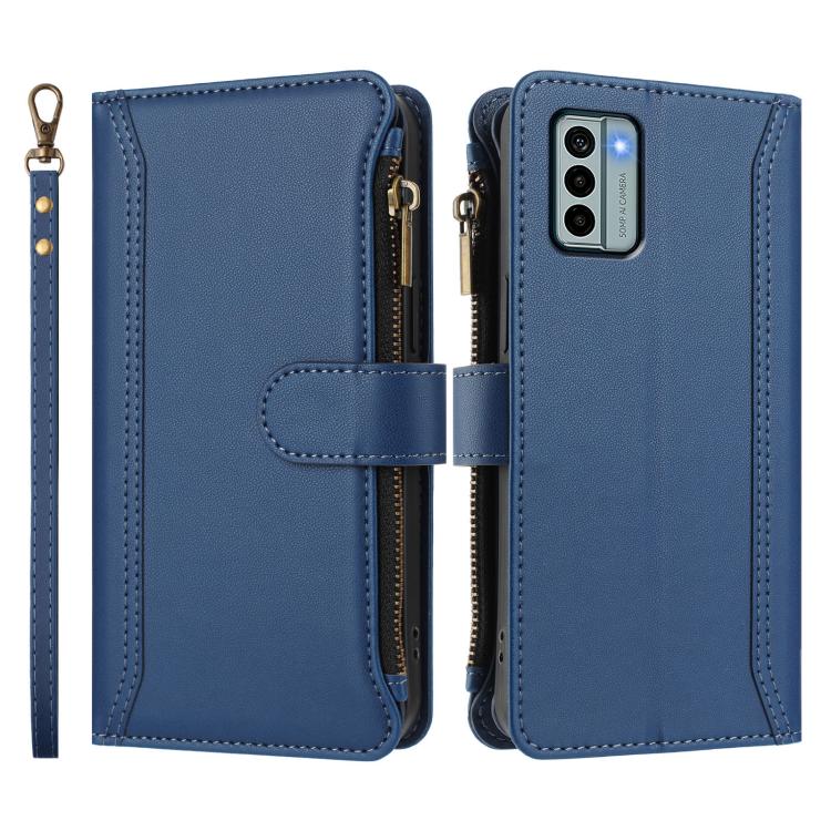 For Nokia G22 Magnetic Closure 9 Card Slots Zipper Leather Case with Hand Strap