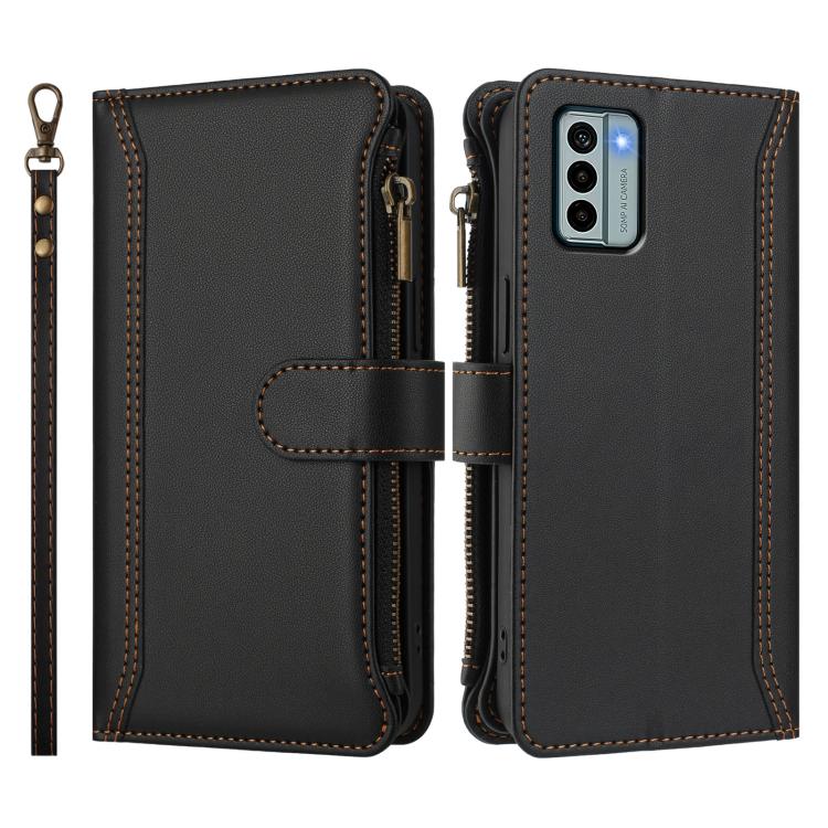 For Nokia G22 Magnetic Closure 9 Card Slots Zipper Leather Case with Hand Strap