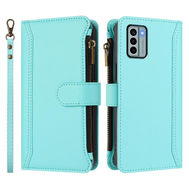 For Nokia G22 Magnetic Closure 9 Card Slots Zipper Leather Case with Hand Strap