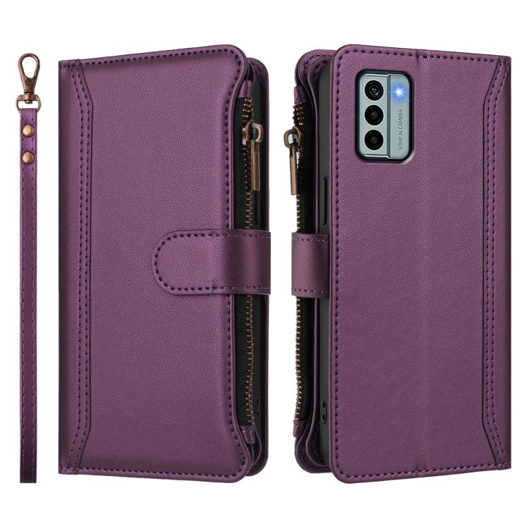 For Nokia G22 Magnetic Closure 9 Card Slots Zipper Leather Case with Hand Strap