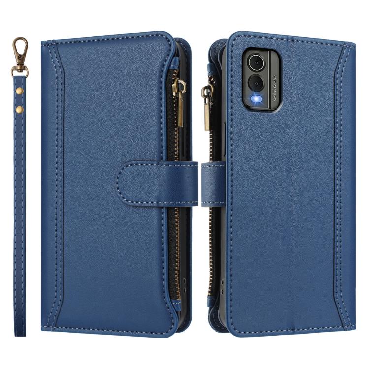 For Nokia C32 Magnetic Closure 9 Card Slots Zipper Leather Case with Hand Strap
