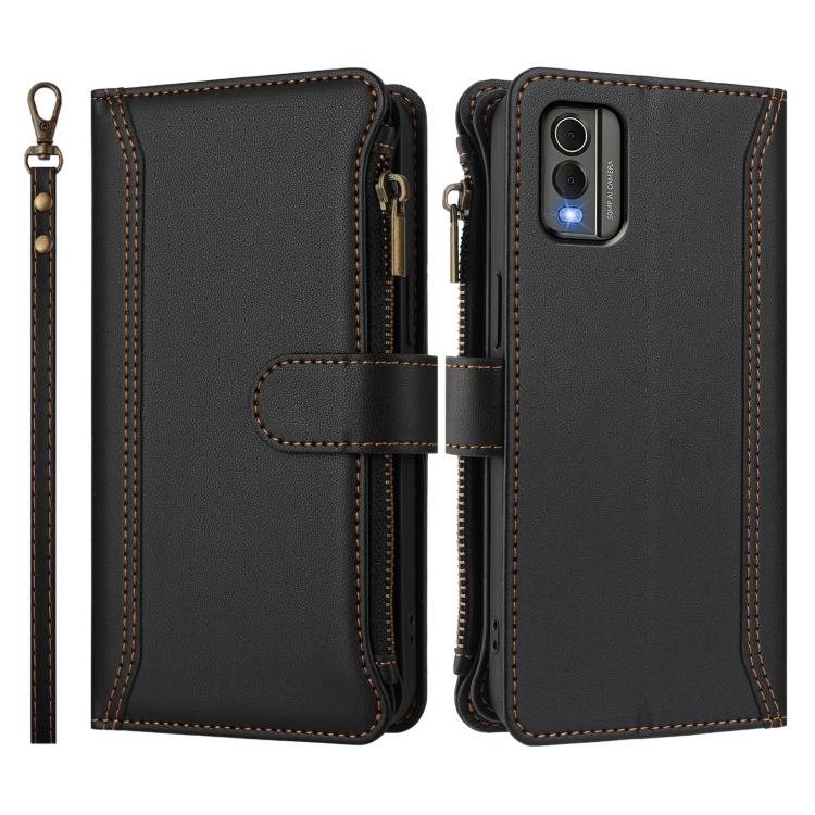 For Nokia C32 Magnetic Closure 9 Card Slots Zipper Leather Case with Hand Strap