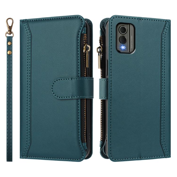 For Nokia C32 Magnetic Closure 9 Card Slots Zipper Leather Case with Hand Strap
