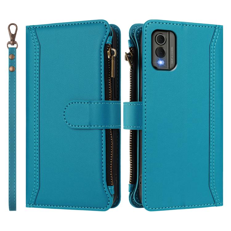 For Nokia C32 Magnetic Closure 9 Card Slots Zipper Leather Case with Hand Strap