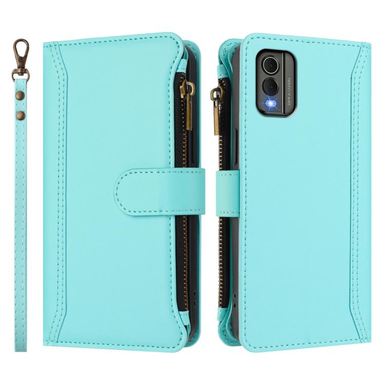 For Nokia C32 Magnetic Closure 9 Card Slots Zipper Leather Case with Hand Strap