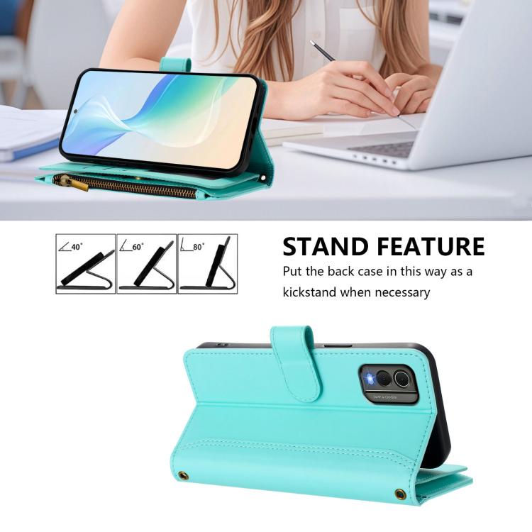 For Nokia C32 Magnetic Closure 9 Card Slots Zipper Leather Case with Hand Strap