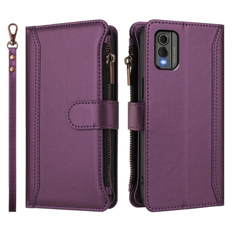 For Nokia C32 Magnetic Closure 9 Card Slots Zipper Leather Case with Hand Strap