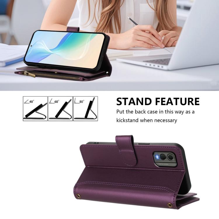 For Nokia C32 Magnetic Closure 9 Card Slots Zipper Leather Case with Hand Strap