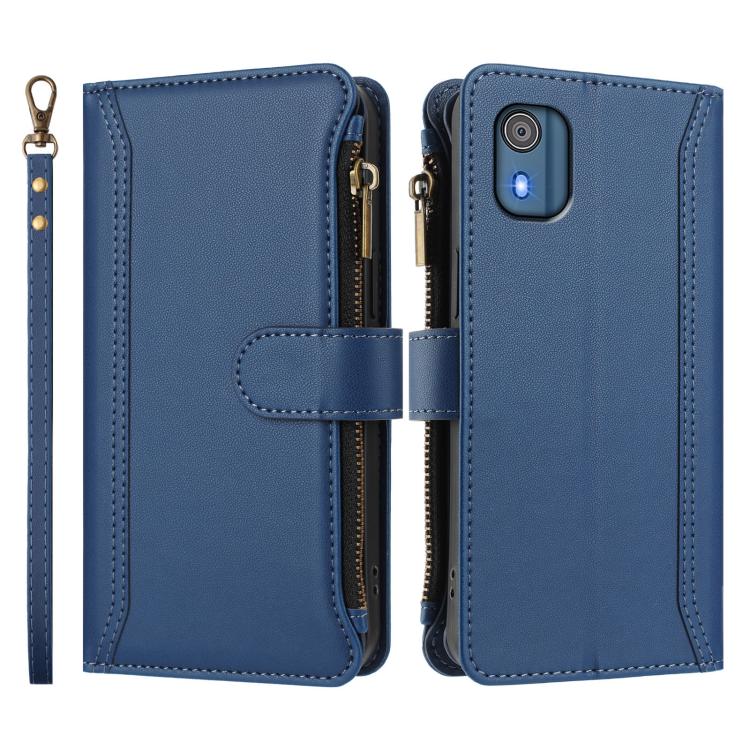 For Nokia C02 Magnetic Closure 9 Card Slots Zipper Leather Case with Hand Strap