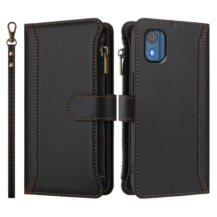 For Nokia C02 Magnetic Closure 9 Card Slots Zipper Leather Case with Hand Strap