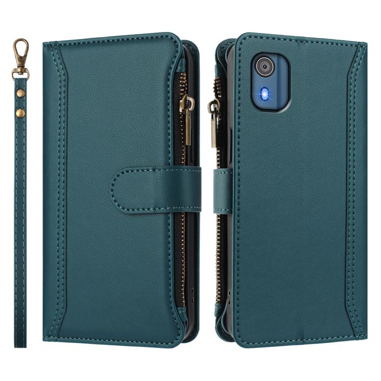 For Nokia C02 Magnetic Closure 9 Card Slots Zipper Leather Case with Hand Strap
