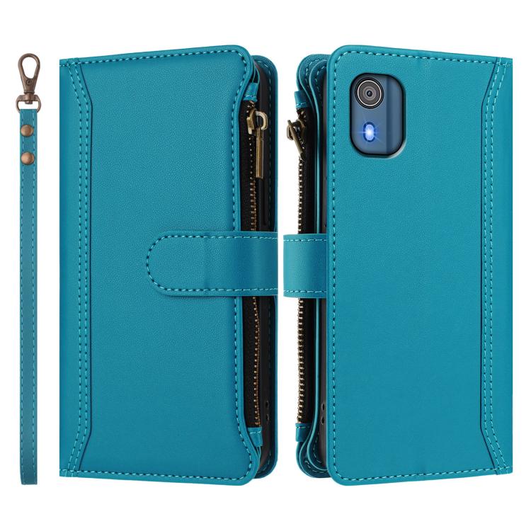 For Nokia C02 Magnetic Closure 9 Card Slots Zipper Leather Case with Hand Strap