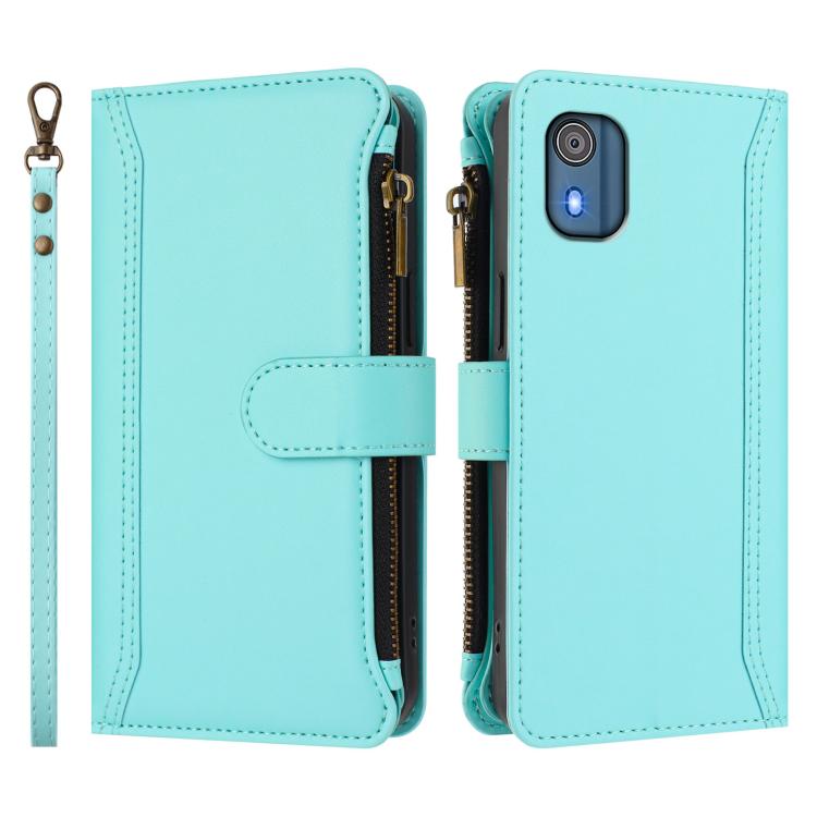For Nokia C02 Magnetic Closure 9 Card Slots Zipper Leather Case with Hand Strap