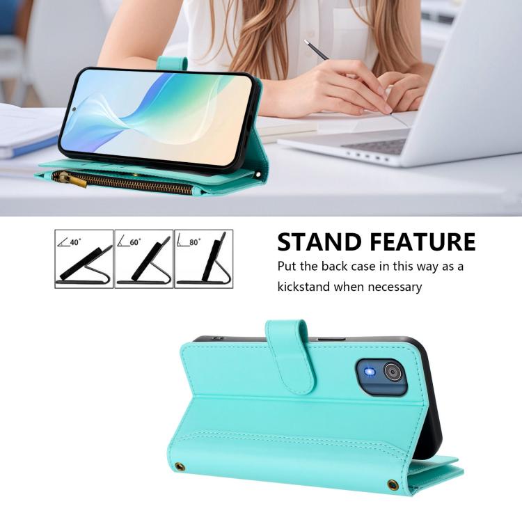 For Nokia C02 Magnetic Closure 9 Card Slots Zipper Leather Case with Hand Strap