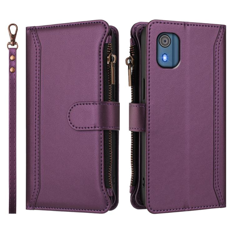 For Nokia C02 Magnetic Closure 9 Card Slots Zipper Leather Case with Hand Strap