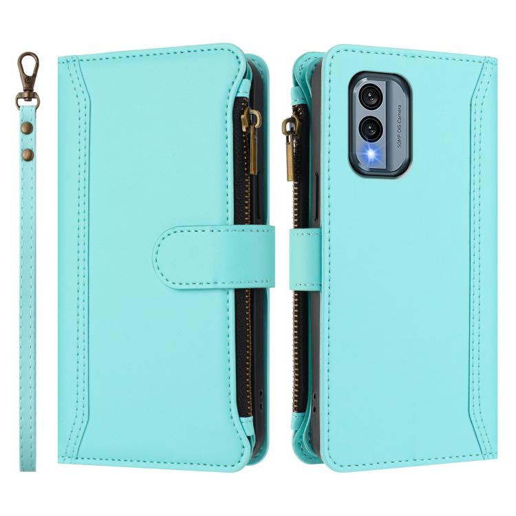 For Nokia X30 5G Magnetic Closure 9 Card Slots Zipper Leather Case with Hand Strap