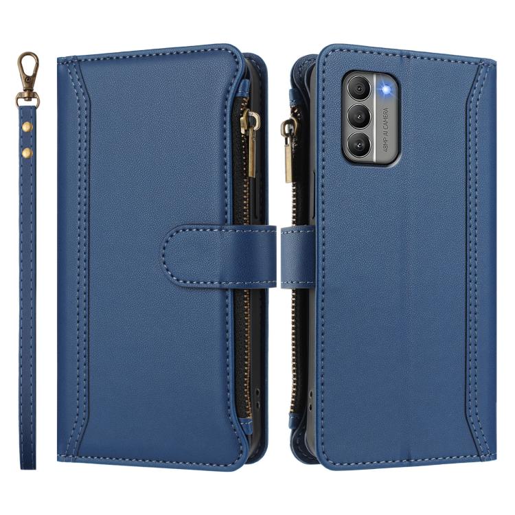 For Nokia G400 Magnetic Closure 9 Card Slots Zipper Leather Case with Hand Strap