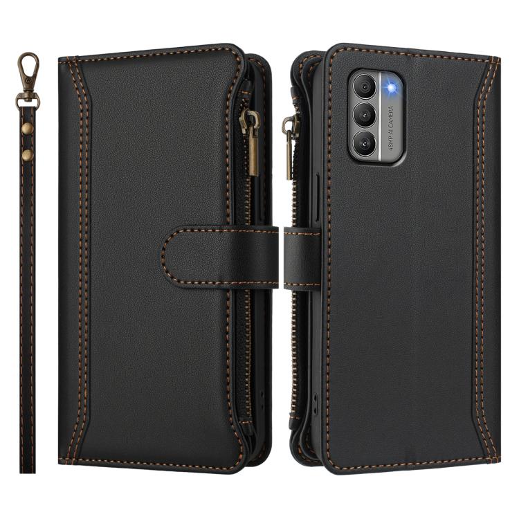 For Nokia G400 Magnetic Closure 9 Card Slots Zipper Leather Case with Hand Strap