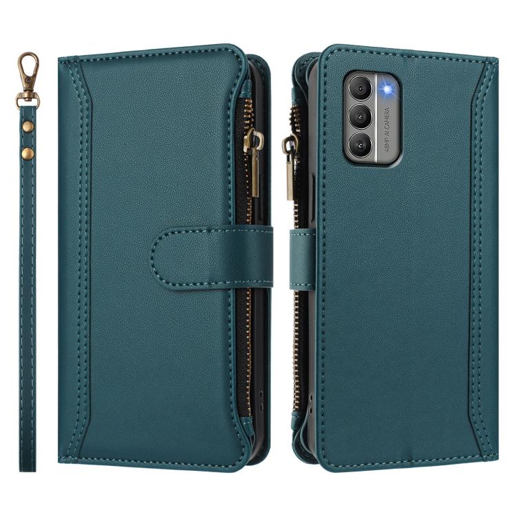 For Nokia G400 Magnetic Closure 9 Card Slots Zipper Leather Case with Hand Strap
