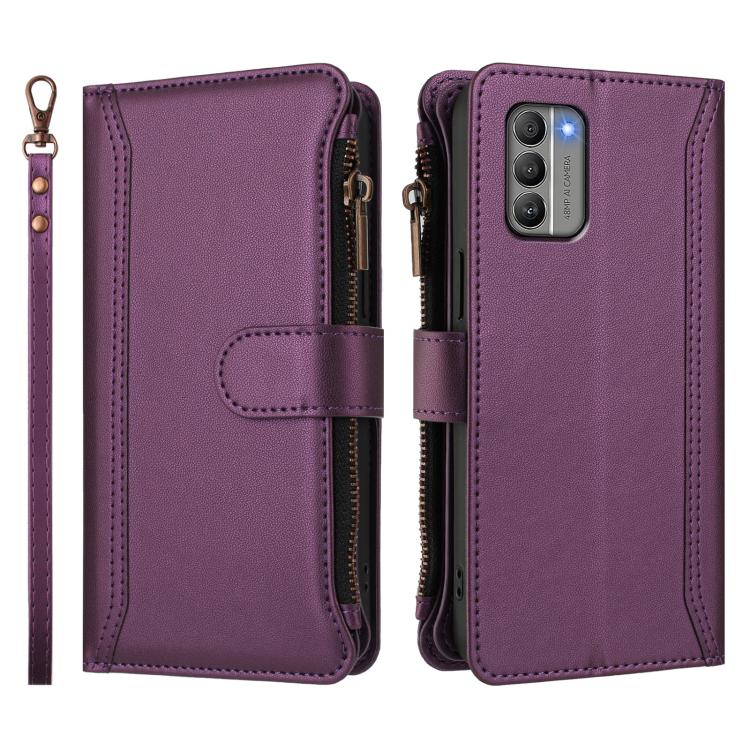 For Nokia G400 Magnetic Closure 9 Card Slots Zipper Leather Case with Hand Strap