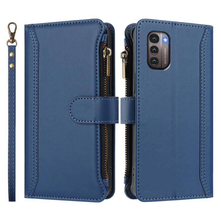 For Nokia G11 4G / G21 4G Magnetic Closure 9 Card Slots Zipper Leather Case with Hand Strap
