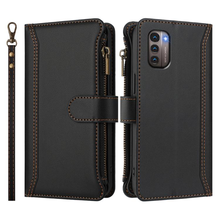 For Nokia G11 4G / G21 4G Magnetic Closure 9 Card Slots Zipper Leather Case with Hand Strap