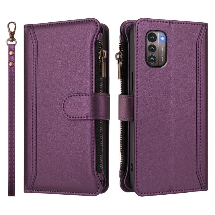 For Nokia G11 4G / G21 4G Magnetic Closure 9 Card Slots Zipper Leather Case with Hand Strap