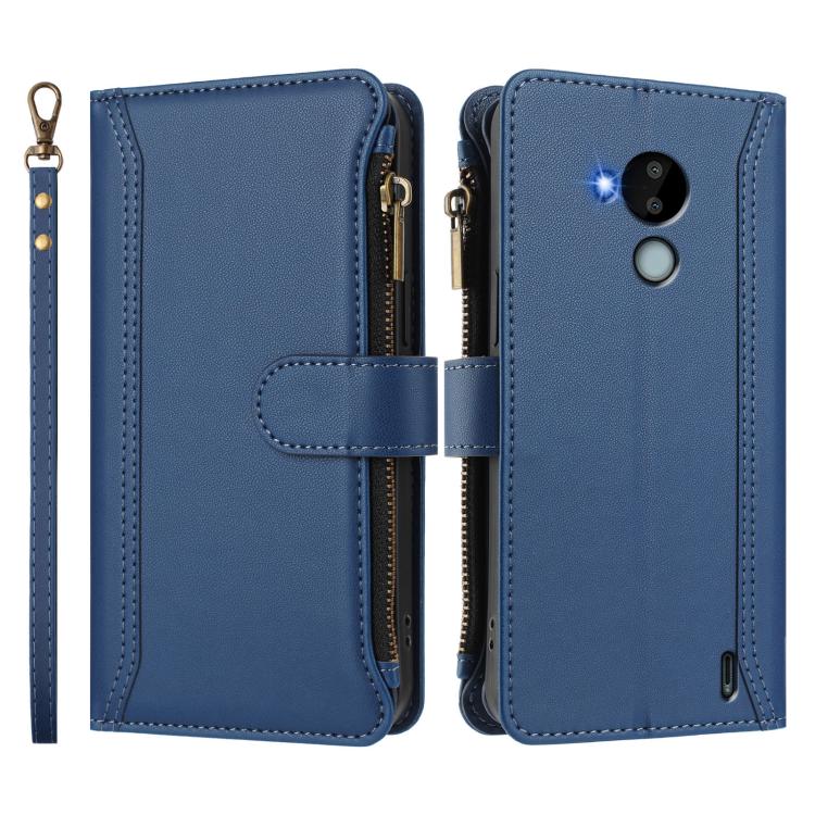 For Nokia C30 Magnetic Closure 9 Card Slots Zipper Leather Case with Hand Strap