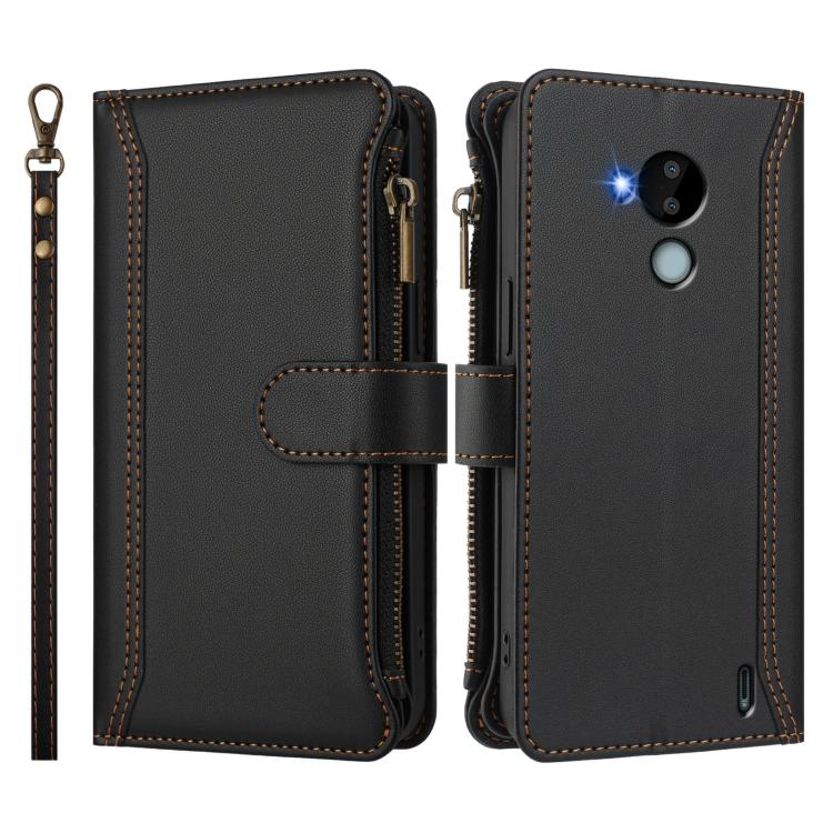 For Nokia C30 Magnetic Closure 9 Card Slots Zipper Leather Case with Hand Strap