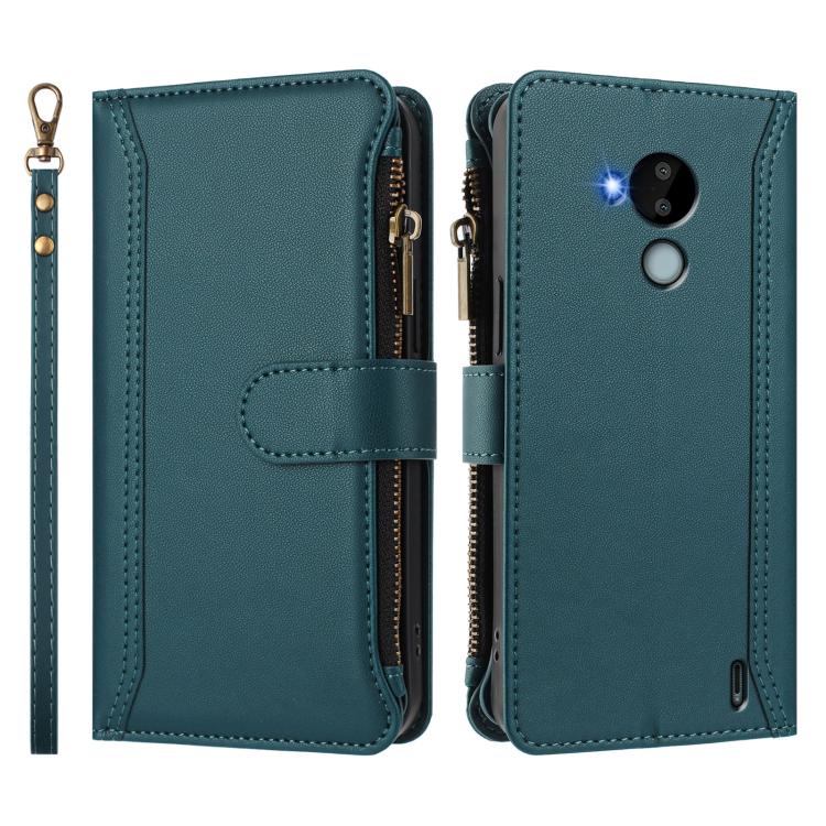 For Nokia C30 Magnetic Closure 9 Card Slots Zipper Leather Case with Hand Strap