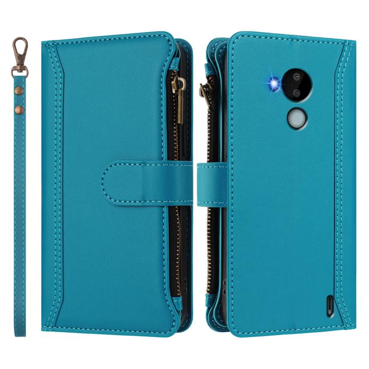 For Nokia C30 Magnetic Closure 9 Card Slots Zipper Leather Case with Hand Strap