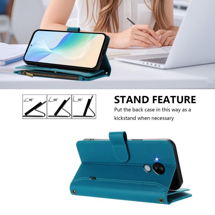For Nokia C30 Magnetic Closure 9 Card Slots Zipper Leather Case with Hand Strap