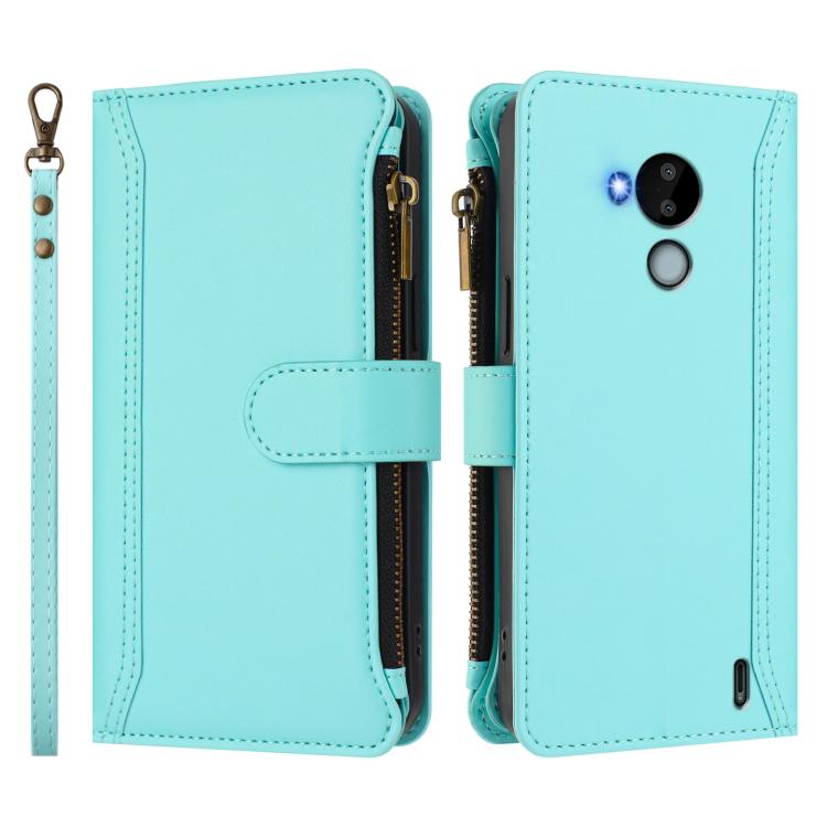 For Nokia C30 Magnetic Closure 9 Card Slots Zipper Leather Case with Hand Strap