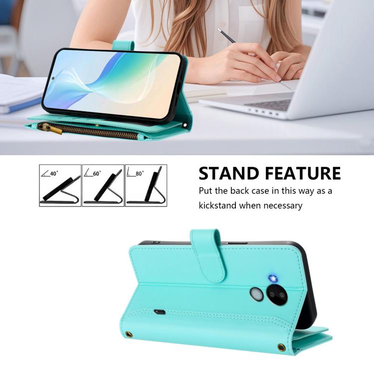 For Nokia C30 Magnetic Closure 9 Card Slots Zipper Leather Case with Hand Strap