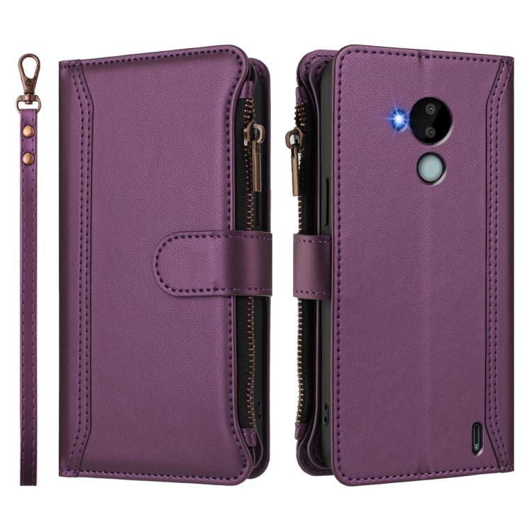 For Nokia C30 Magnetic Closure 9 Card Slots Zipper Leather Case with Hand Strap