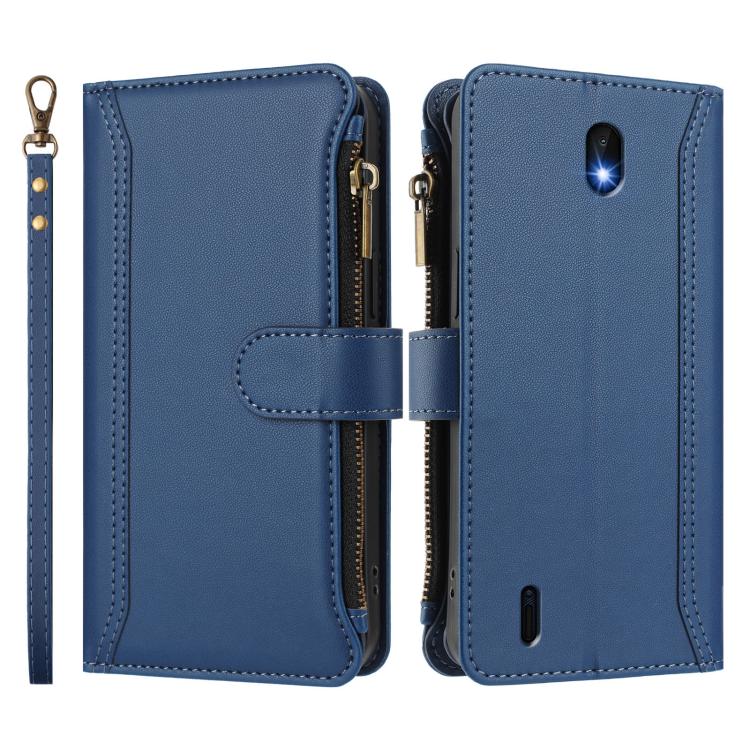 For Nokia C01 Plus / C1 2nd Edition Magnetic Closure 9 Card Slots Zipper Leather Case with Hand Strap