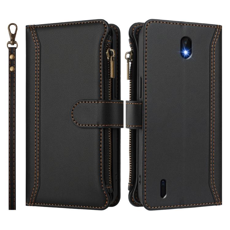 For Nokia C01 Plus / C1 2nd Edition Magnetic Closure 9 Card Slots Zipper Leather Case with Hand Strap