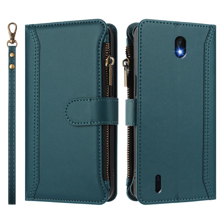 For Nokia C01 Plus / C1 2nd Edition Magnetic Closure 9 Card Slots Zipper Leather Case with Hand Strap