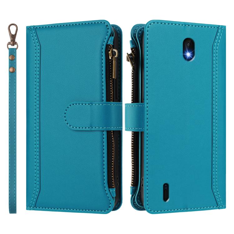 For Nokia C01 Plus / C1 2nd Edition Magnetic Closure 9 Card Slots Zipper Leather Case with Hand Strap
