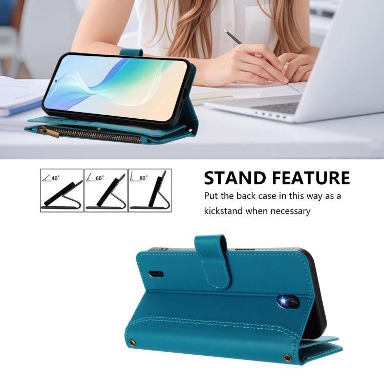 For Nokia C01 Plus / C1 2nd Edition Magnetic Closure 9 Card Slots Zipper Leather Case with Hand Strap