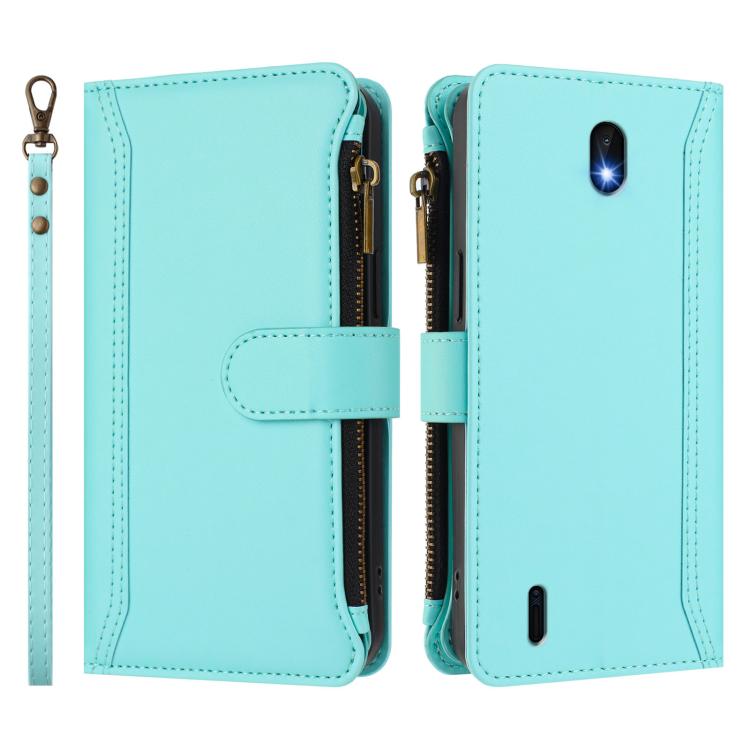 For Nokia C01 Plus / C1 2nd Edition Magnetic Closure 9 Card Slots Zipper Leather Case with Hand Strap