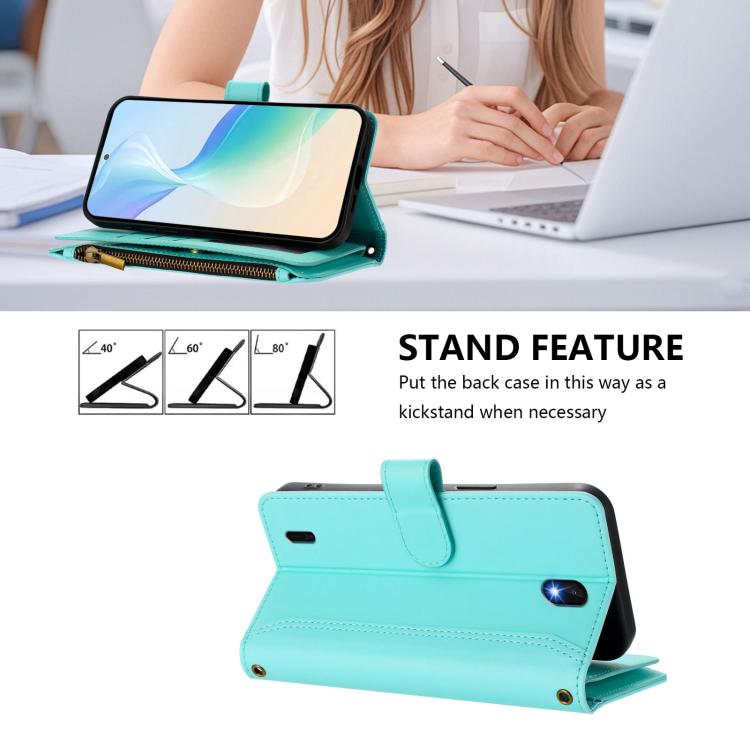 For Nokia C01 Plus / C1 2nd Edition Magnetic Closure 9 Card Slots Zipper Leather Case with Hand Strap
