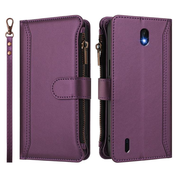 For Nokia C01 Plus / C1 2nd Edition Magnetic Closure 9 Card Slots Zipper Leather Case with Hand Strap